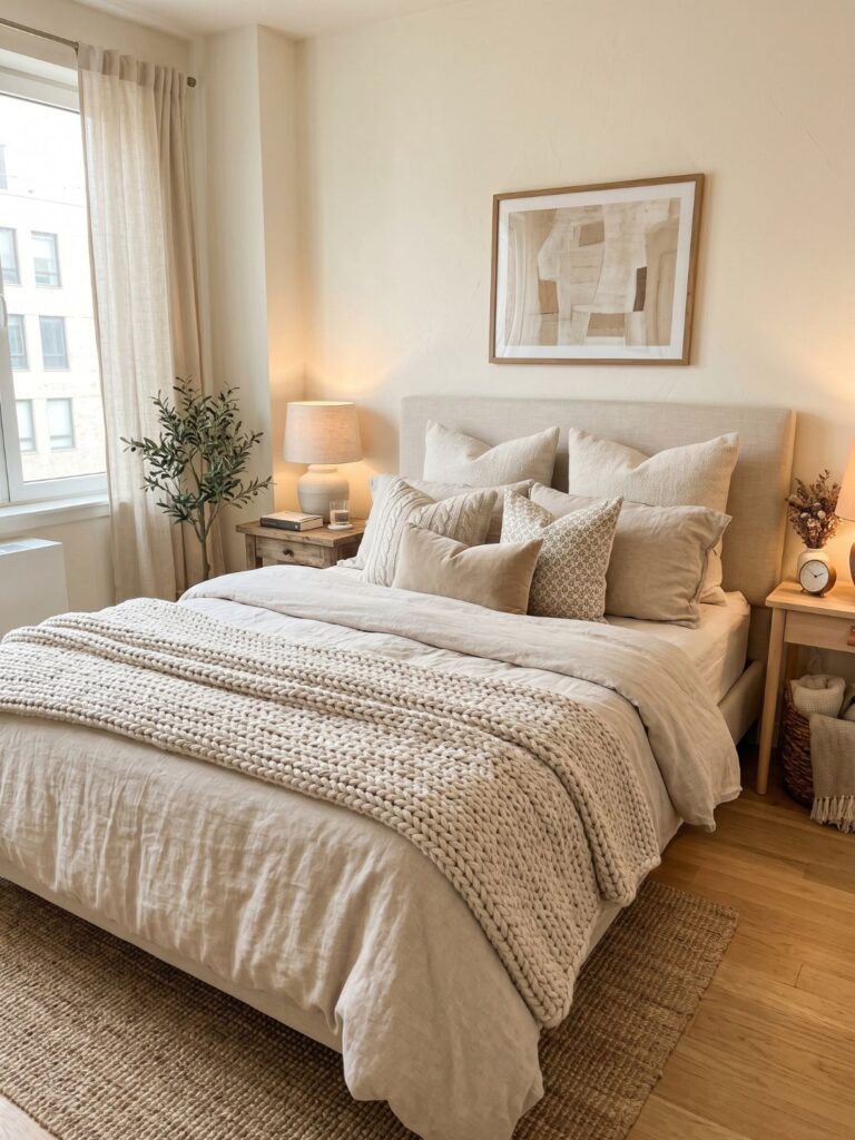 Cozy apartment bedroom featuring layered textured bedding