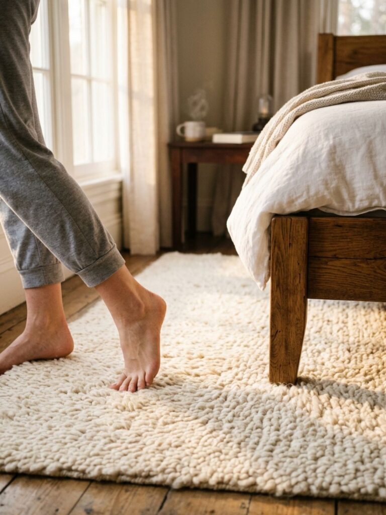 Close-up of bare feet stepping onto a thick cream wool area rug beside a wooden bed frame in a cozy guest bedroom, warm morning light