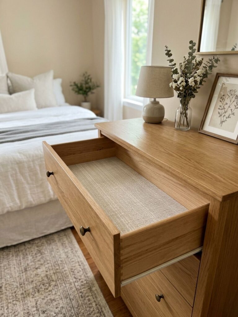 Open wooden dresser drawer lined with fresh neutral drawer liner, completely empty and ready for guest belongings, tidy and welcoming bedroom detail