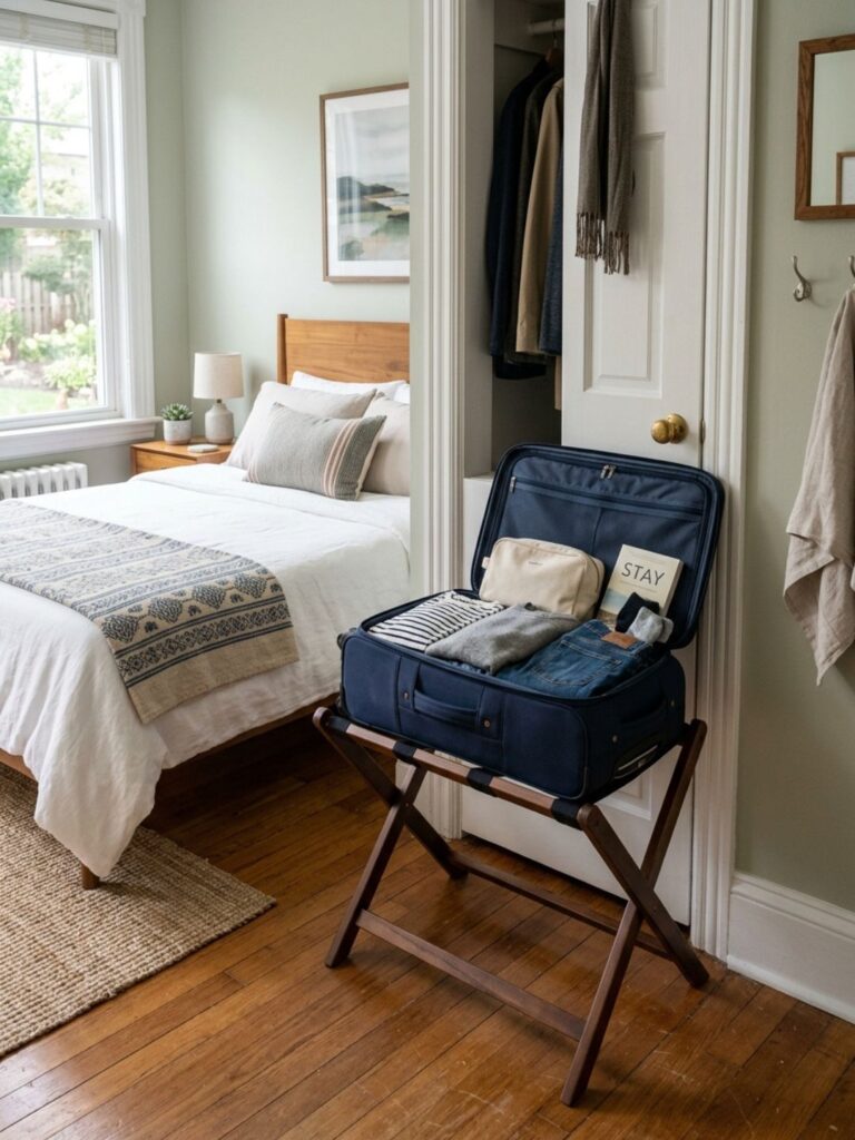 Folding wooden luggage rack with an open suitcase resting on it, positioned near a closet in a tidy guest bedroom, clean natural lighting