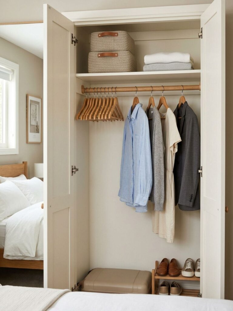 Open guest room closet with a neat row of matching wooden hangers, a few garments hanging, clean and organized storage