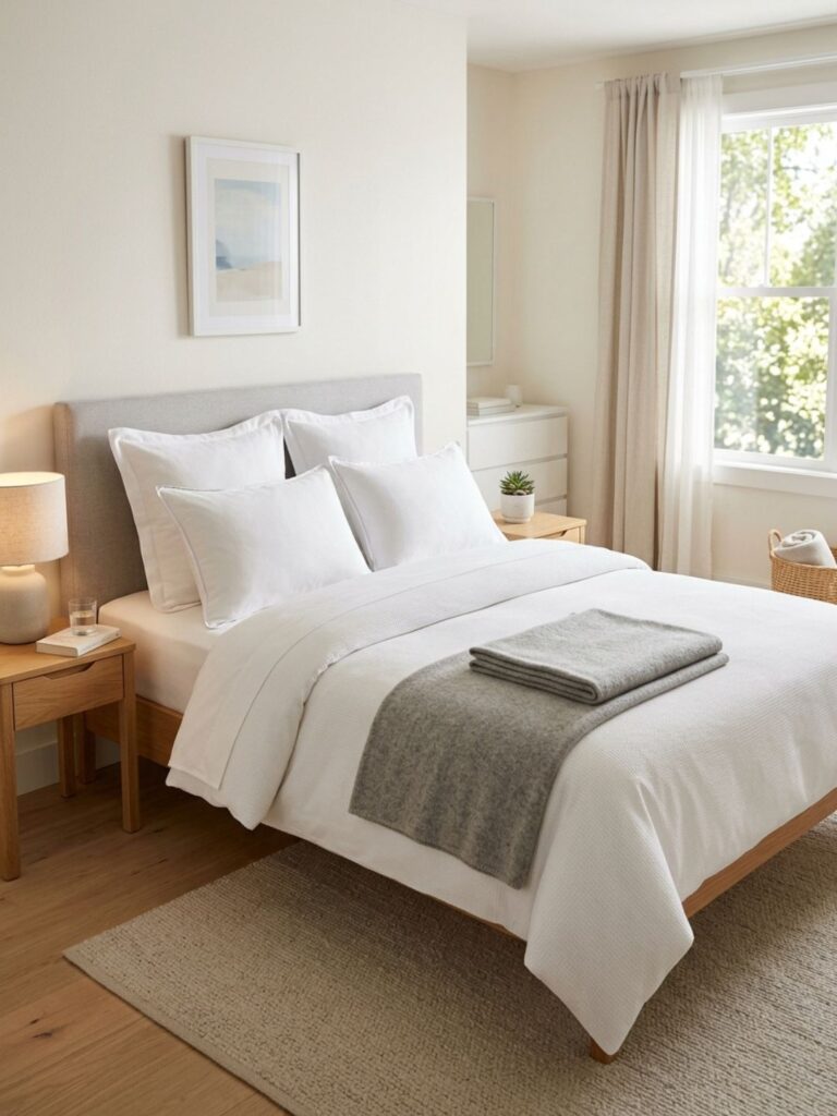  Bright guest bedroom with a queen bed dressed in crisp white hotel-style layered bedding, duvet, and textured throw, soft natural light, minimalist styling.