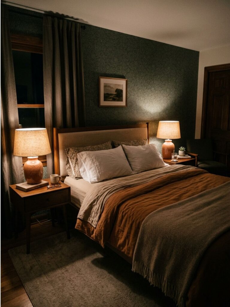 Two matching ceramic table lamps on either side of a neatly made guest bed, warm dim ambient lighting, cozy evening bedroom atmosphere