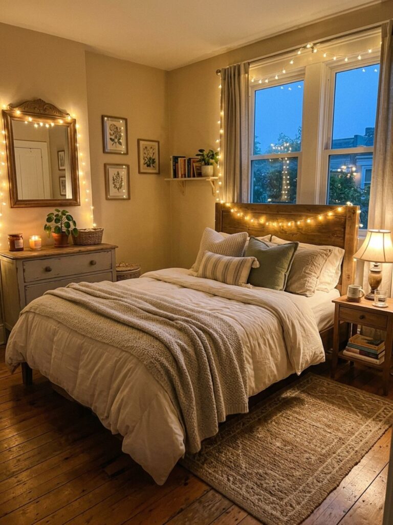 Warm white fairy lights draped along a wooden headboard in a guest bedroom, soft glowing evening ambiance, cozy textiles and cushions