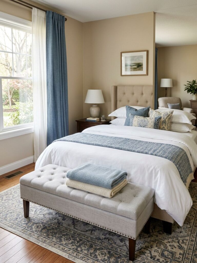 Upholstered bench at the foot of a neatly made guest bed, folded throw blanket draped over it, soft natural lighting, hotel-inspired guest bedroom styling.