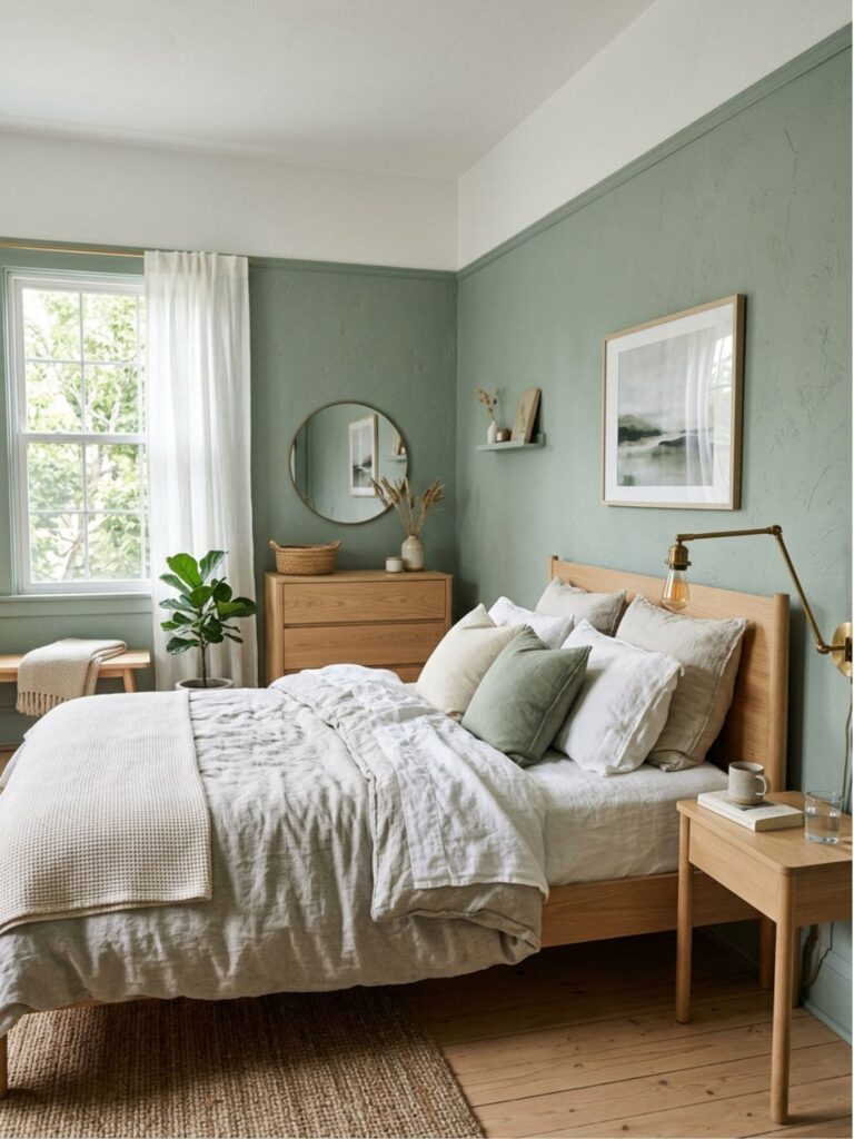 Guest bedroom painted in muted sage green with light wood furniture, brass reading lamp, neutral linen bedding, soft natural daylight.