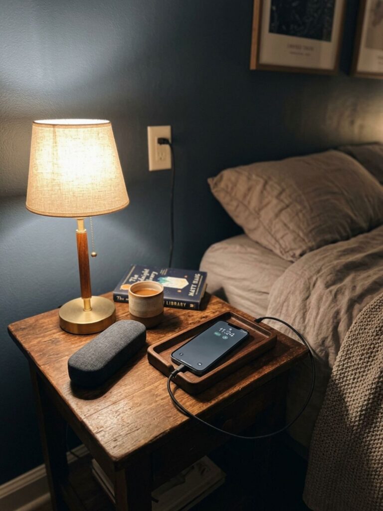 Guest bedroom nightstand with a small wooden charging tray, USB charging cables, eyeglasses case, and a warm reading lamp, cozy bedroom detail.