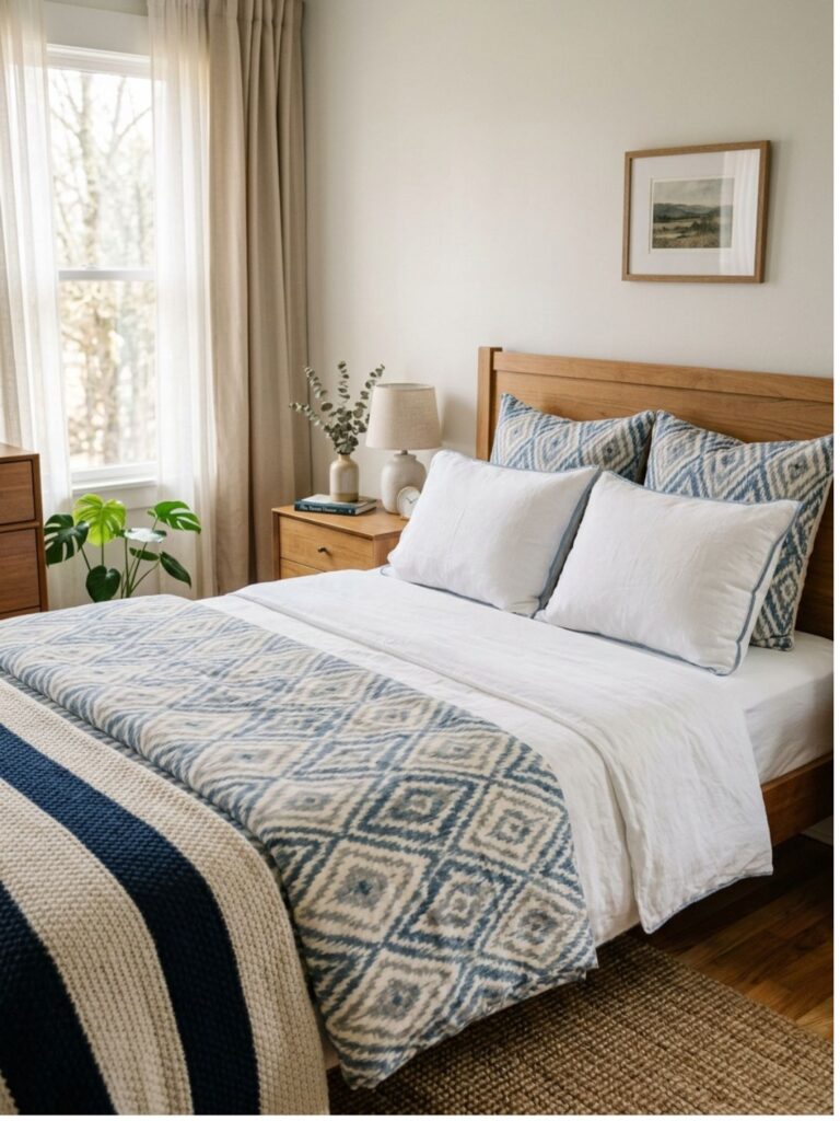 Four neatly stacked pillows of varying firmness on a neatly made guest bed with soft linen pillowcases, clean minimalist bedroom styling