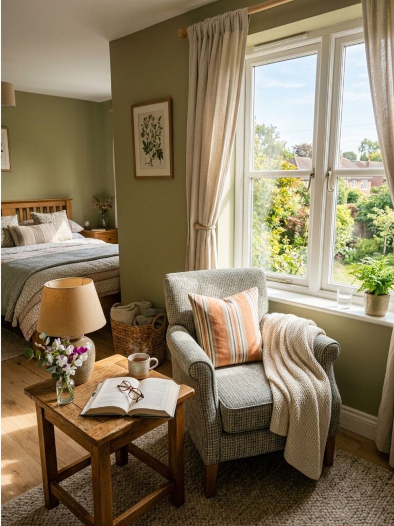 Small upholstered armchair positioned beside a sunlit window in a guest bedroom, with a side table, reading lamp, and open book — cozy reading corner styling.
