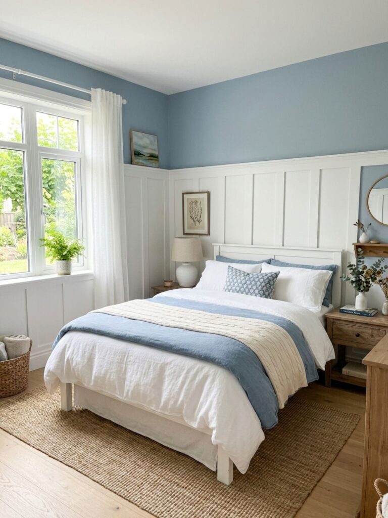 Guest bedroom with white board-and-batten paneling on the lower wall, upper wall painted in soft blue, neatly made bed, bright natural light