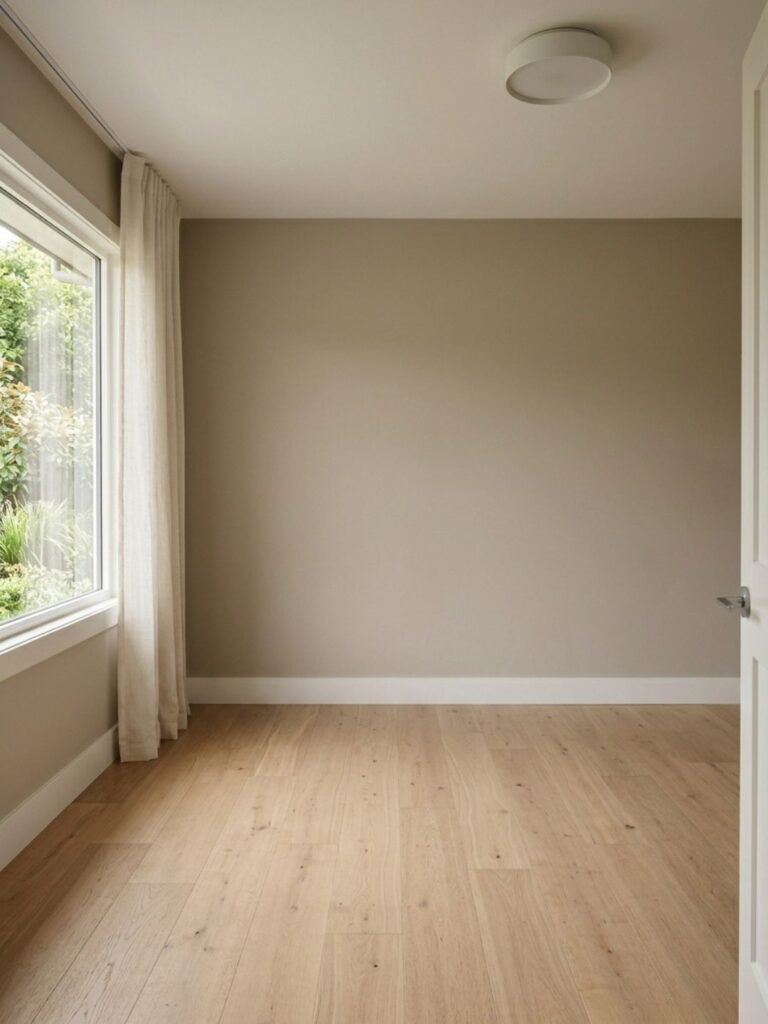 Empty guest bedroom with warm greige painted walls, soft natural light through windows, minimal furniture, calm neutral interior design.