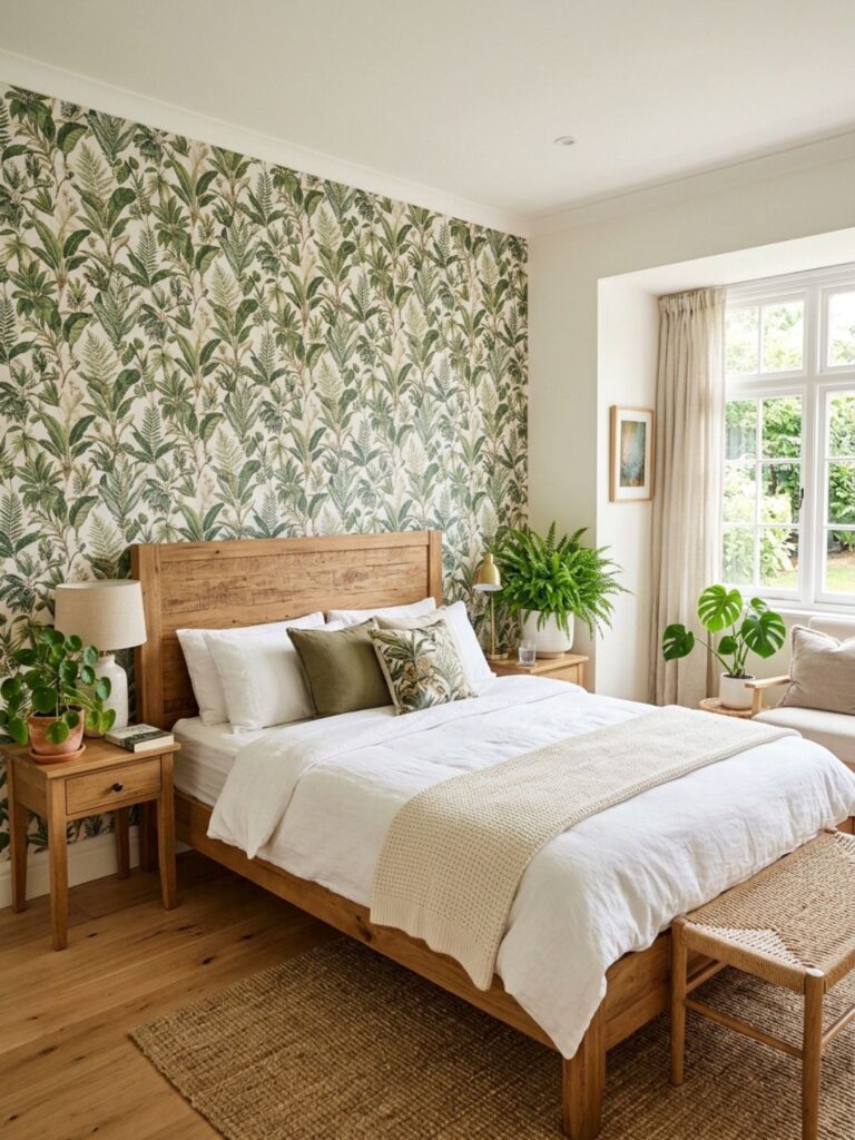 Guest bedroom with a botanical print wallpaper accent wall behind a wooden headboard, white bedding, green plants on either side, bright airy room.