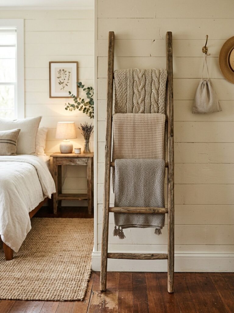 Rustic wooden blanket ladder leaning against a guest bedroom wall, draped with three folded knit throws in neutral tones, soft farmhouse styling
