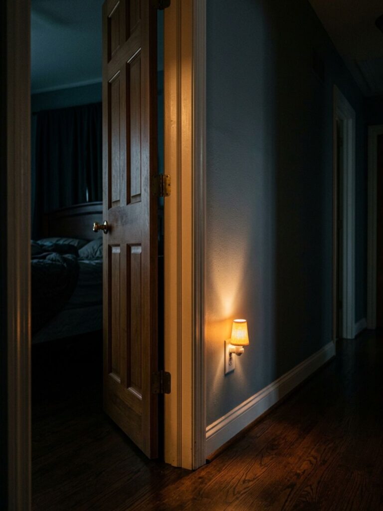 Soft glowing amber plug-in nightlight near a guest bedroom doorway at night, providing gentle path lighting into the dark hallway