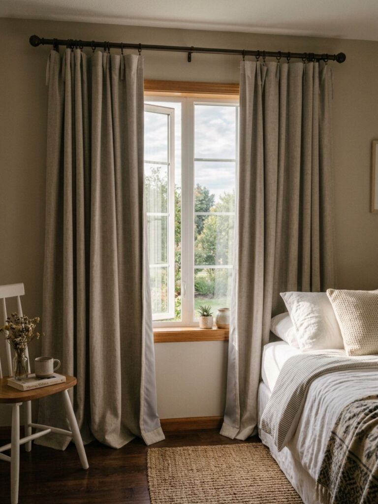 Guest bedroom window with floor-length blackout curtains in neutral soft fabric, partially drawn with soft morning light filtering through the edges.