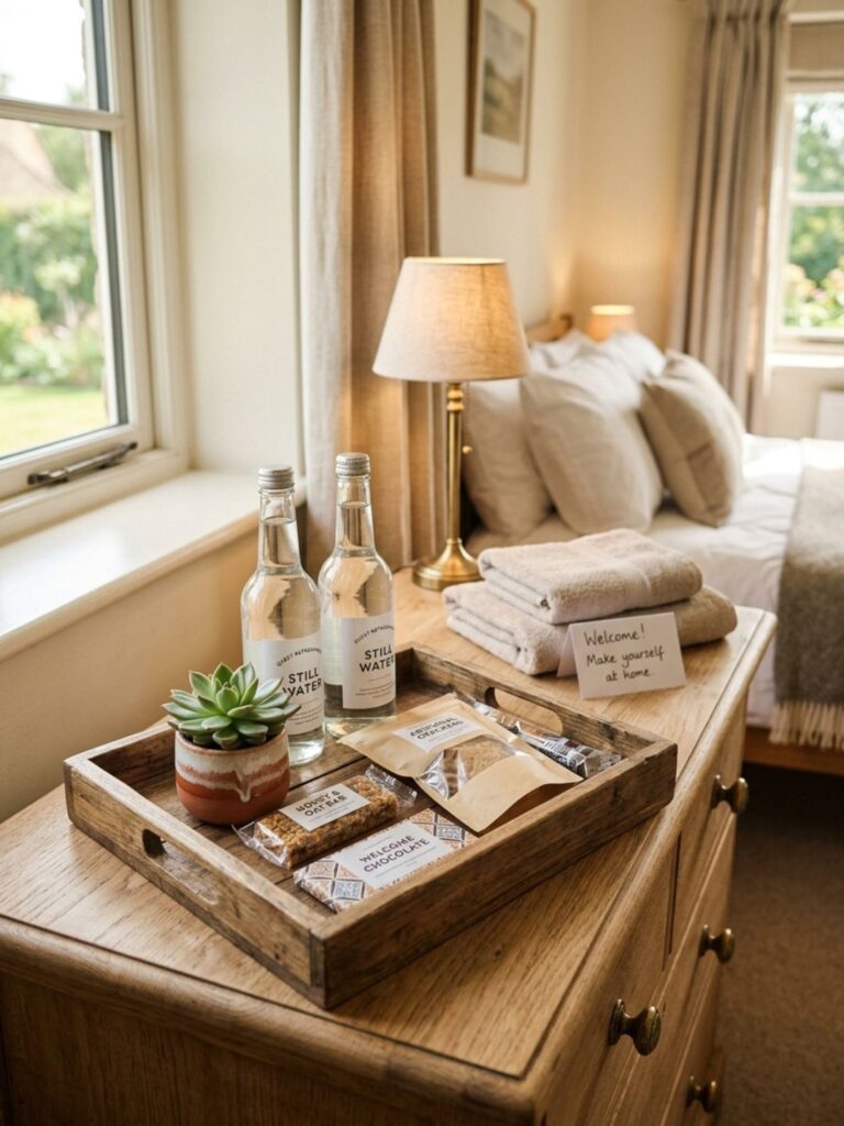 Wooden welcome tray on a guest bedroom dresser with bottled water, individually wrapped snacks, and a small potted succulent, warm natural light.
